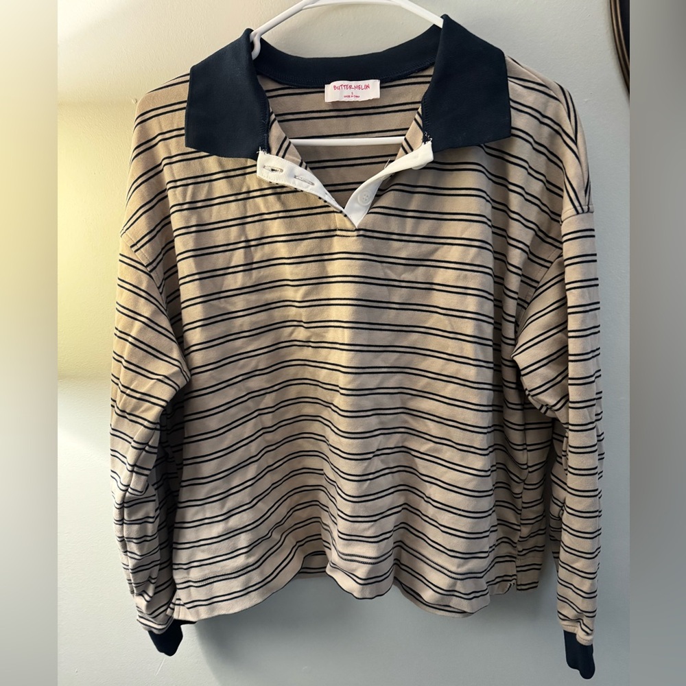 Women's Striped Long Sleeve Top - Tan and Navy